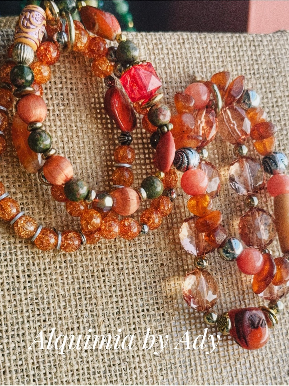 Multi-Orange and Green gemstones Beaded Bracelet Set